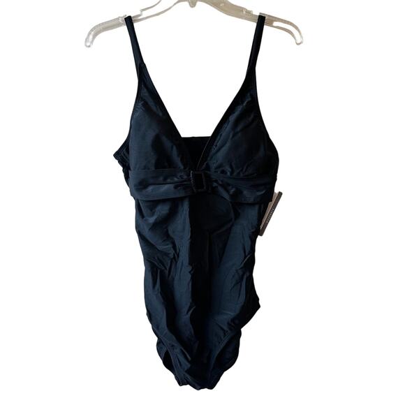 NEW Speedo One Piece Swimsuit Black Moderate Cut Buckle Detail 14 Beach Vacation - Picture 1 of 14